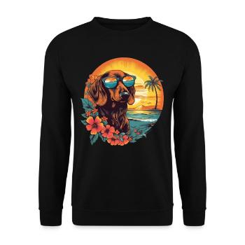 Bunter Dackel mit Sonnenbrille am Strand - Unisex Pullover - Schwarz - Vorne - Alina (178cm) & Michal (187cm)