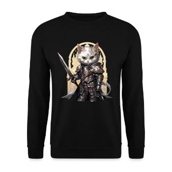 Katze in Ritter Ausrüstung mit Langschwert, AI Gen - Unisex Pullover - Schwarz - Vorne - Alina (178cm) & Michal (187cm)