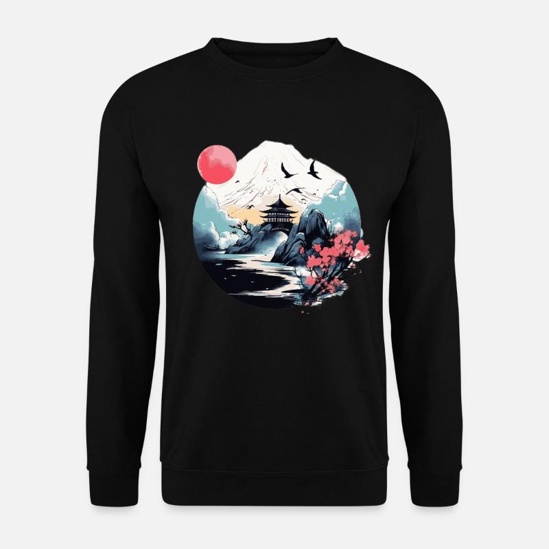 Japanischer Berg-, Wasser- und Pagodenszene - Unisex Pullover - Schwarz