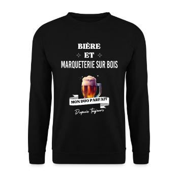 Bière Mon duo parfait et marqueterie sur bois - Sweat-shirt Unisexe - noir - Devant - Alina (178cm) & Michal (187cm)