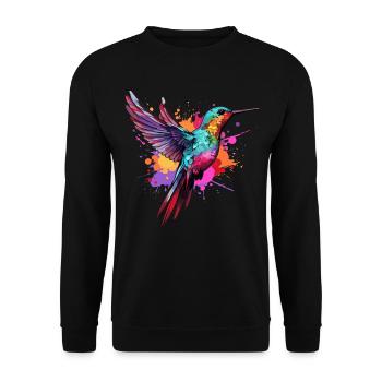 Bunter Kolibri Farbkleckse Farbspritzer - Unisex Pullover - Schwarz - Vorne - Alina (178cm) & Michal (187cm)