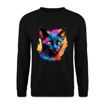 Bunte Burma Katze Farbkleckse Farbspritzer - Unisex Pullover - Schwarz - Vorne - Alina (178cm) & Michal (187cm)