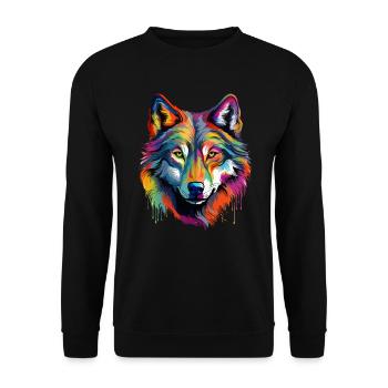 Bunter Wolf Farbspritzer Farbkleckse - Unisex Pullover - Schwarz - Vorne - Alina (178cm) & Michal (187cm)