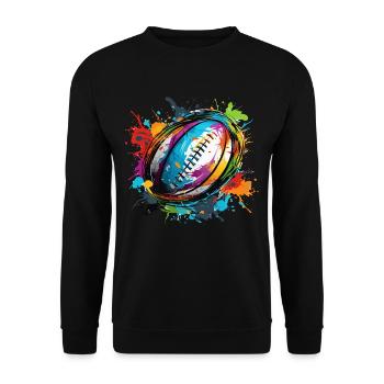 Bunter Rugby Ball Farbkleckse Farbspritzer - Unisex Pullover - Schwarz - Vorne - Alina (178cm) & Michal (187cm)