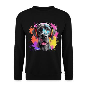 Bunte Deutsche Dogge mit Kopfhörer - Unisex Pullover - Schwarz - Vorne - Alina (178cm) & Michal (187cm)