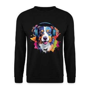 Bunter Australischer Schäferhund mit Kopfhörer - Unisex Pullover - Schwarz - Vorne - Alina (178cm) & Michal (187cm)