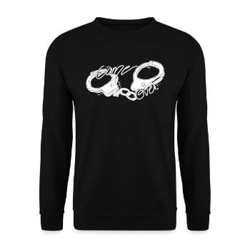Handschellen - game over - weiß - Hand gezeichnet - Unisex Pullover - Schwarz - Vorne - Alina (178cm) & Michal (187cm)