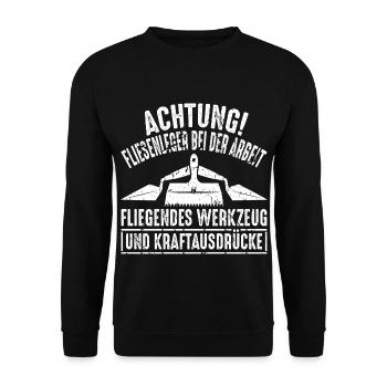 Achtung Fliesenleger Bei Der Arbeit - Unisex Pullover - Schwarz - Vorne - Alina (178cm) & Michal (187cm)