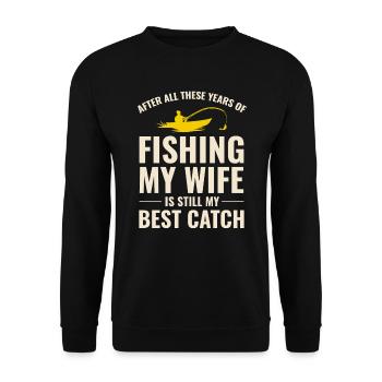 Angeln Fisch Boot Outdoor Hobby Frau Lustiger Witz - Unisex Pullover - Schwarz - Vorne - Alina (178cm) & Michal (187cm)
