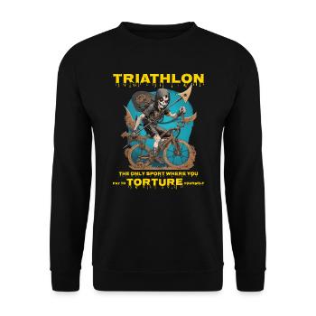 Schwimmen, Radfahren, Laufen, Triathlon, Triathlet, Sensenmann - Unisex Pullover - Schwarz - Vorne - Alina (178cm) & Michal (187cm)