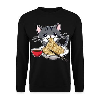Niedliche Katze mit Ramen Nudeln - Unisex Pullover - Schwarz - Vorne - Alina (178cm) & Michal (187cm)