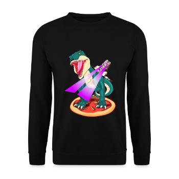Dino auf Pizza-Katze reitet TRex mit laser Augen - Unisex Pullover - Schwarz - Vorne - Alina (178cm) & Michal (187cm)