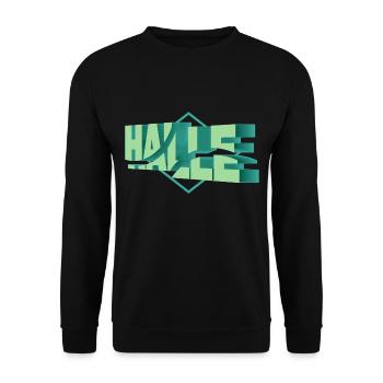 Halle Deutschland Stadt 3D Schrift Skyline - Unisex Pullover - Schwarz - Vorne - Alina (178cm) & Michal (187cm)