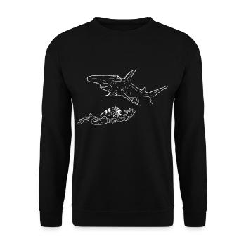 Hai mit Kamerataucher in weiß - Unisex Pullover - Schwarz - Vorne - Alina (178cm) & Michal (187cm)