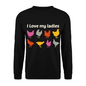 Hühnerliebhaber Geflügelzüchter Bauernhof Lustig - Unisex Pullover - Schwarz - Vorne - Alina (178cm) & Michal (187cm)