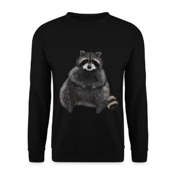 Sitzender entspannter Waschbär - Unisex Pullover - Schwarz - Vorne - Alina (178cm) & Michal (187cm)