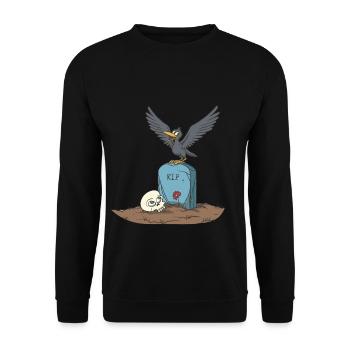 Krähe auf Grabstein mit Schädel - Unisex Pullover - Schwarz - Vorne - Alina (178cm) & Michal (187cm)
