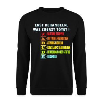 112 ABC Schema,RTW Notfallsanitäter,Shirt deutsch - Unisex Pullover - Schwarz - Vorne - Alina (178cm) & Michal (187cm)