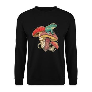 Pilzfreunde, Pilzsammler, Natur Frosch Fliegenpilz - Unisex Pullover - Schwarz - Vorne - Alina (178cm) & Michal (187cm)