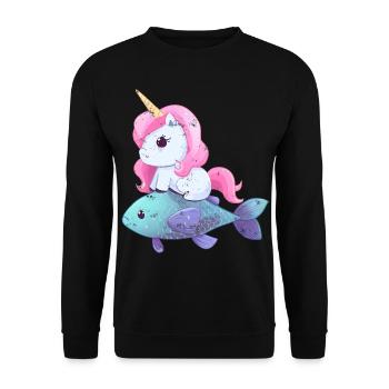 Einhorn reitet auf Fisch - Unisex Pullover - Schwarz - Vorne - Alina (178cm) & Michal (187cm)