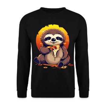 Pizza Faultier im Sonnenuntergang - Unisex Pullover - Schwarz - Vorne - Alina (178cm) & Michal (187cm)