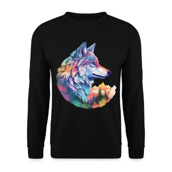 Wolf Wolfskopf Natur Wildnis Wald Bäume Bunt Kunst - Unisex Pullover - Schwarz - Vorne - Alina (178cm) & Michal (187cm)