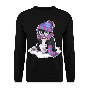Niedlicher Chibi Pinguin mit Schal und Mütze - Unisex Pullover - Schwarz - Vorne - Alina (178cm) & Michal (187cm)