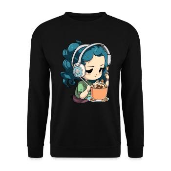 Mädchen mit Kopfhörern hört Musik und isst Müsli - Unisex Pullover - Schwarz - Vorne - Alina (178cm) & Michal (187cm)