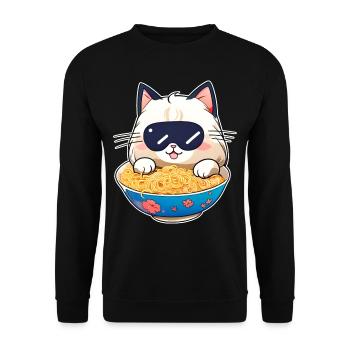 Niedliche Katze mit Ramen Suppe - Unisex Pullover - Schwarz - Vorne - Alina (178cm) & Michal (187cm)
