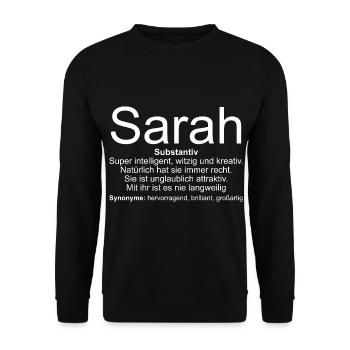 Namensdefinition Sarah - Unisex Pullover - Schwarz - Vorne - Alina (178cm) & Michal (187cm)