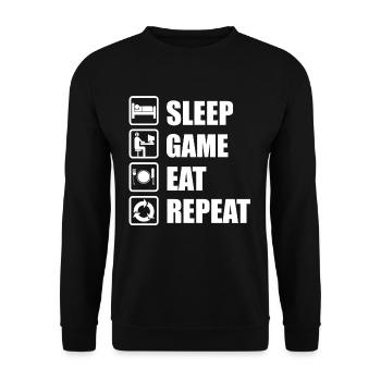 Zocken Gamer Eat Repeat Geschenkdee - Unisex Pullover - Schwarz - Vorne - Alina (178cm) & Michal (187cm)