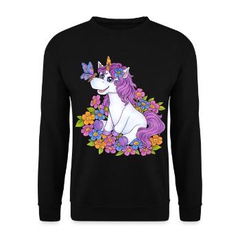 Niedliches Einhorn mit Schmetterling und Blumen - Unisex Pullover - Schwarz - Vorne - Alina (178cm) & Michal (187cm)