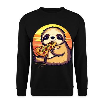 Pizza Faultier im Sonnenuntergang - Unisex Pullover - Schwarz - Vorne - Alina (178cm) & Michal (187cm)