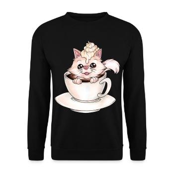 Catpuccino für Katzen und Kaffeeliebhaber Wortwitz - Unisex Pullover - Schwarz - Vorne - Alina (178cm) & Michal (187cm)