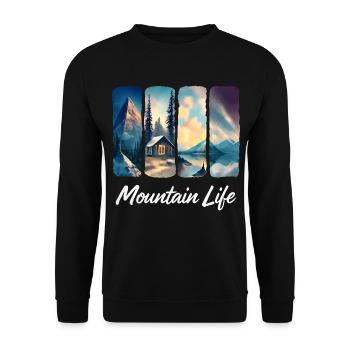 Berglandschaft mit See und Waldhütte - Unisex Pullover - Schwarz - Vorne - Alina (178cm) & Michal (187cm)