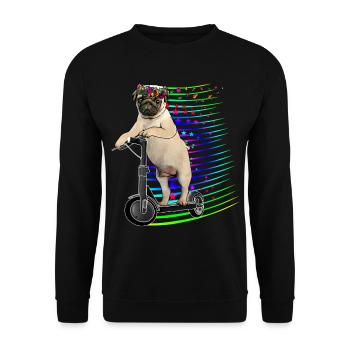 Escooter Mops mit Blumenkranz Electricscooter - Unisex Pullover - Schwarz - Vorne - Alina (178cm) & Michal (187cm)