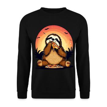 Pizza Faultier im Sonnenuntergang - Unisex Pullover - Schwarz - Vorne - Alina (178cm) & Michal (187cm)