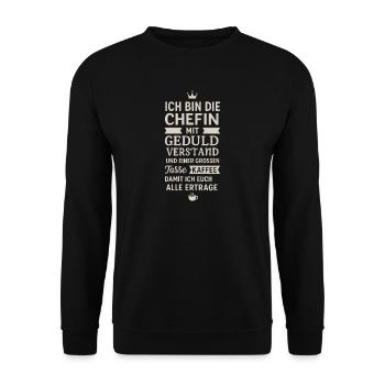 Chefin mit Geduld und Kaffee - Unisex Pullover - Schwarz - Vorne - Alina (178cm) & Michal (187cm)