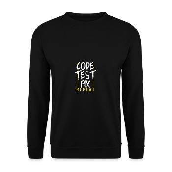 Code-Test-Fix. Computertechniker Gift - Unisex Pullover - Schwarz - Vorne - Alina (178cm) & Michal (187cm)