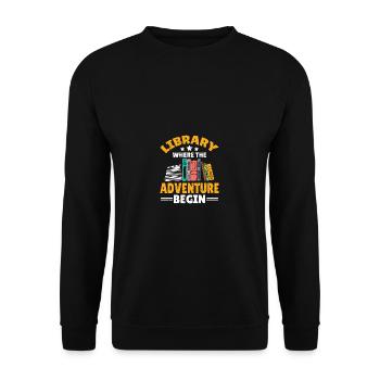 Bibliothek, in der das Abenteuer beginnt - Unisex Pullover - Schwarz - Vorne - Alina (178cm) & Michal (187cm)