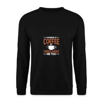 Ich frage mich, ob Kaffee auch an mich denkt - Unisex Pullover - Schwarz - Vorne - Alina (178cm) & Michal (187cm)