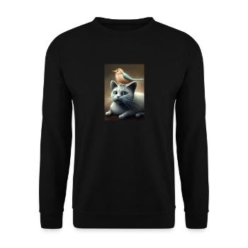 Vogel sitzt auf Katze - Unisex Pullover - Schwarz - Vorne - Alina (178cm) & Michal (187cm)