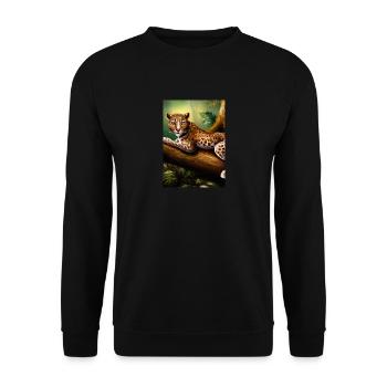 Leopard liegt auf Baum - Unisex Pullover - Schwarz - Vorne - Alina (178cm) & Michal (187cm)