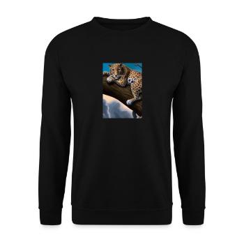 Leopard liegt auf Baum - Unisex Pullover - Schwarz - Vorne - Alina (178cm) & Michal (187cm)