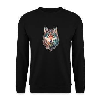 Wolf Aquarell Wald Waldtier Wildtier Mandala - Unisex Pullover - Schwarz - Vorne - Alina (178cm) & Michal (187cm)