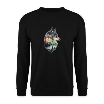 Wolf Doppelbelichtung Wald Natur wandern Wildnis - Unisex Pullover - Schwarz - Vorne - Alina (178cm) & Michal (187cm)