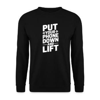 Legen Sie Ihr Telefon weg und heben Sie es an - Unisex Pullover - Schwarz - Vorne - Alina (178cm) & Michal (187cm)