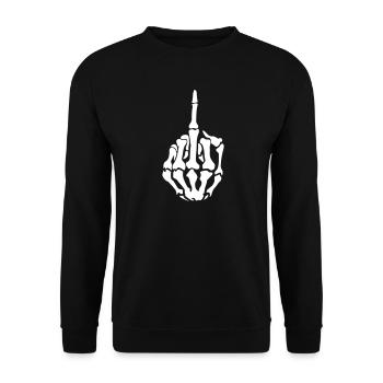 Skelett-Hand Mittelfinger Statement - Unisex Pullover - Schwarz - Vorne - Alina (178cm) & Michal (187cm)