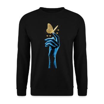 Golden butterfly on glowing hand - Unisex Sweatshirt - black - Front - Alina (178cm) & Michal (187cm)