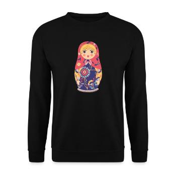 Bunte Matroschka mit Blumenmotiv - Unisex Pullover - Schwarz - Vorne - Alina (178cm) & Michal (187cm)